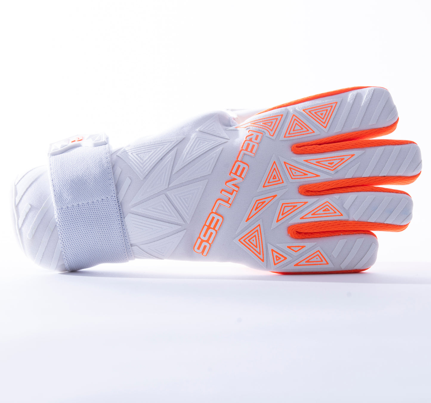 White and neon orange goalkeeper glove